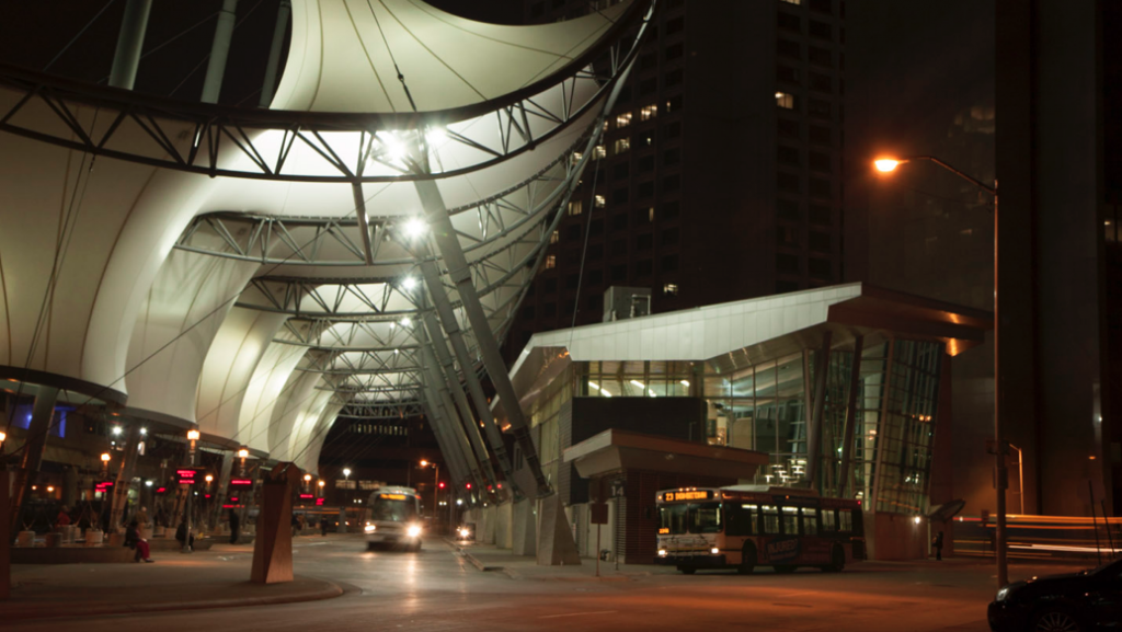 An exterior view of the Rosa Parks Transit Center in Detroit.
