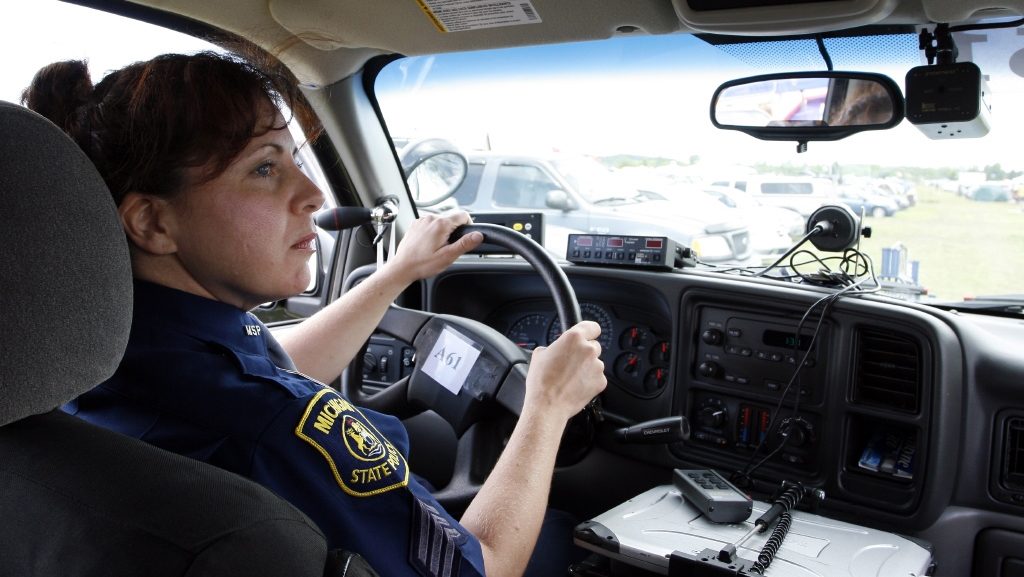 A Michigan State Police officer on patrol.