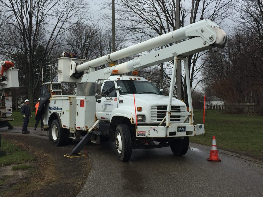 DTE truck parked outside on a stormy day