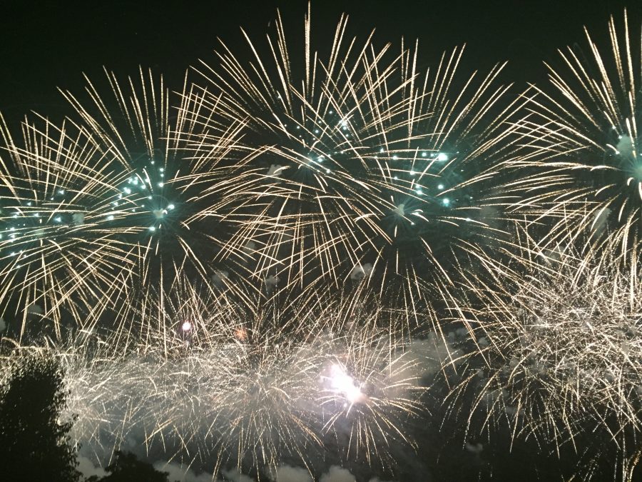 Fireworks light the sky of downtown Detroit.