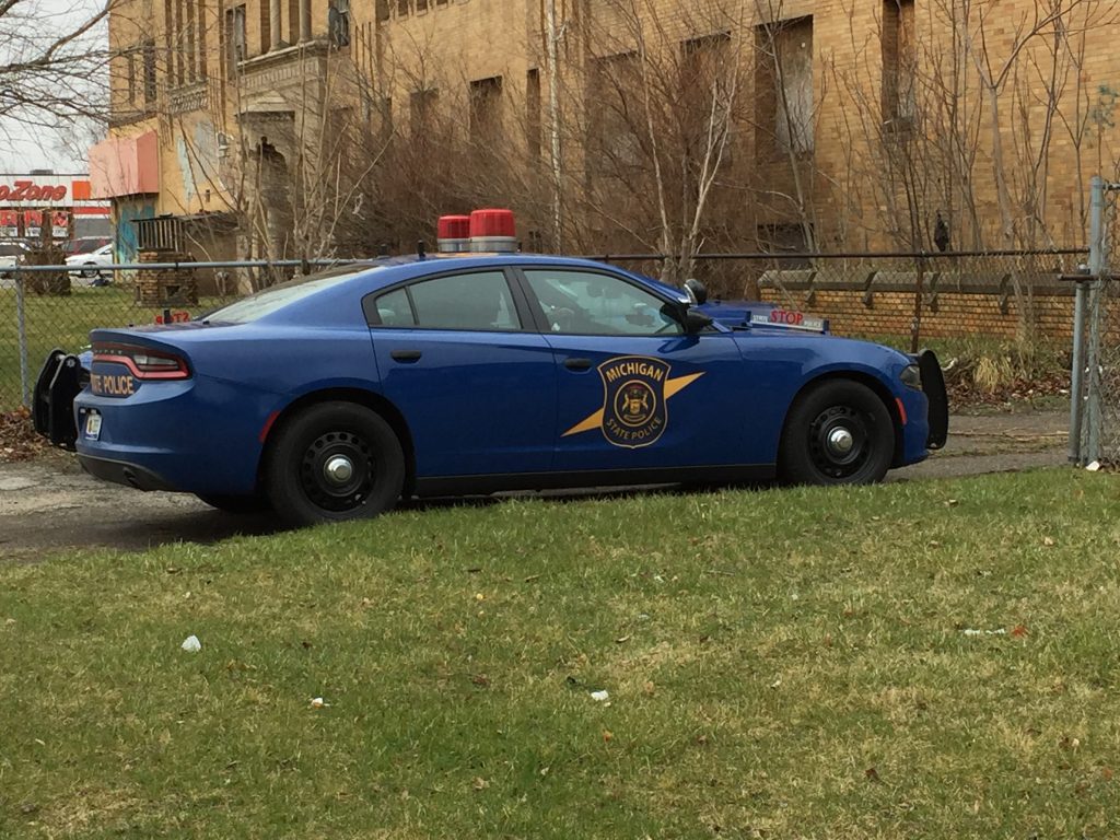 Michigan State Police car parked on the grass