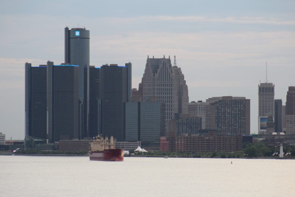 Detroit River Skyline with Freighter