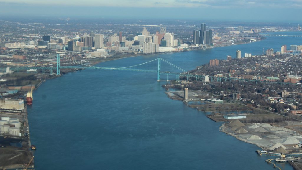 An aerial view of the Detroit River.