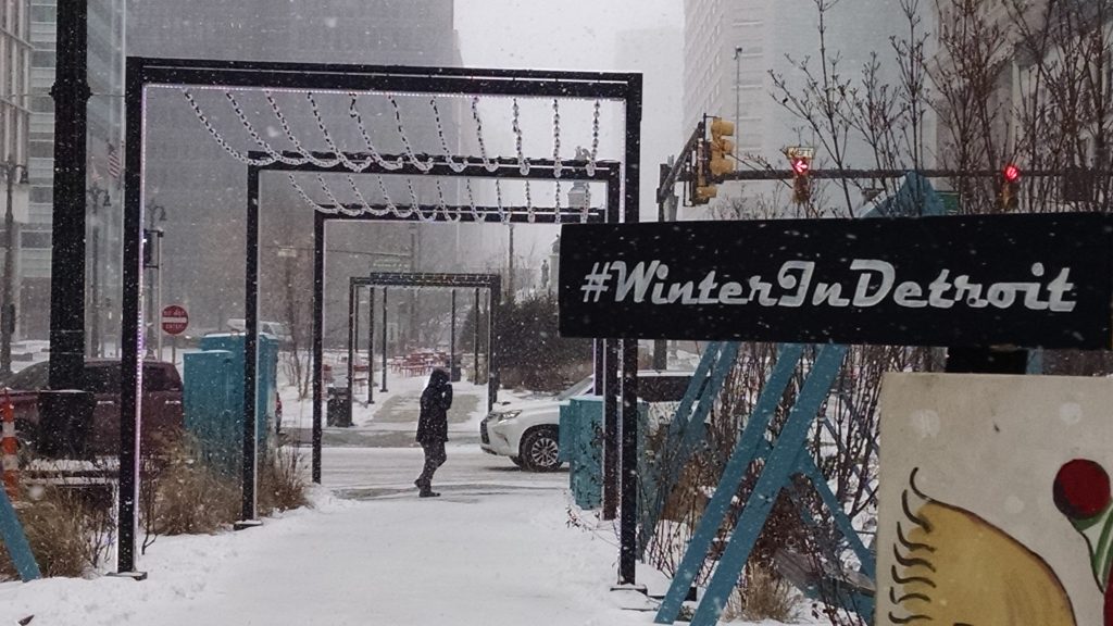 snowy downtown Detroit