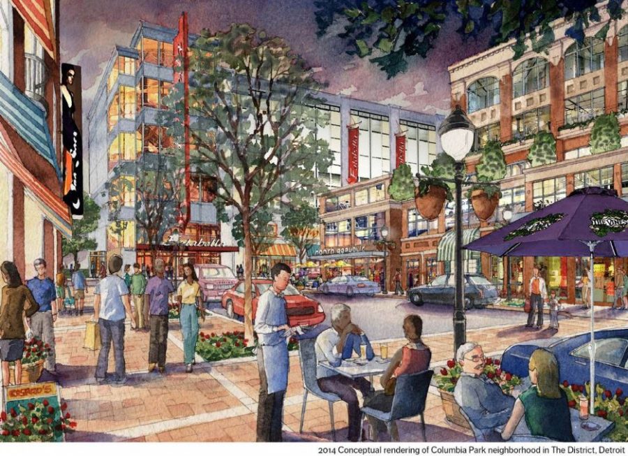 illustration of people dining in a town square