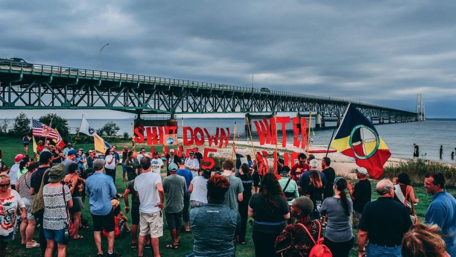 Protesters from the Bay Mills Indian Community rally against Line 5.