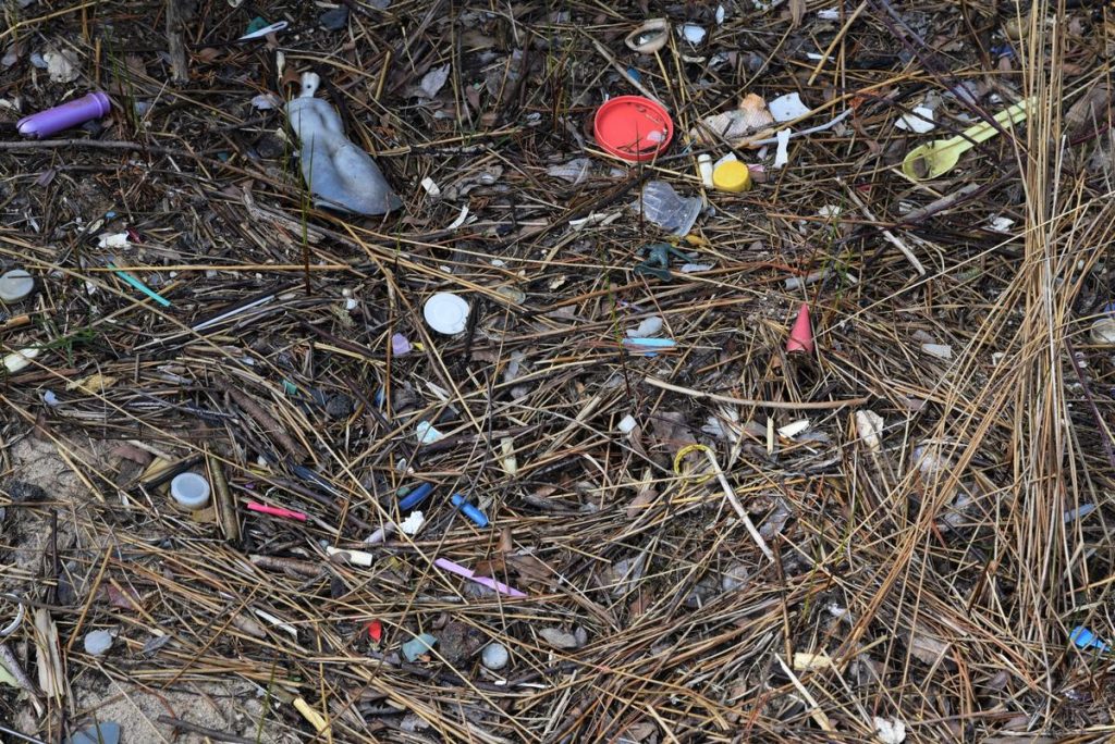 Plastic debris along a channel which connects Lake Michigan