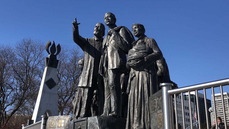 “The Gateway to Freedom,” an international monument to the Underground Railroad by artist Ed Dwight, sits along the bank of the Detroit River in Detroit.