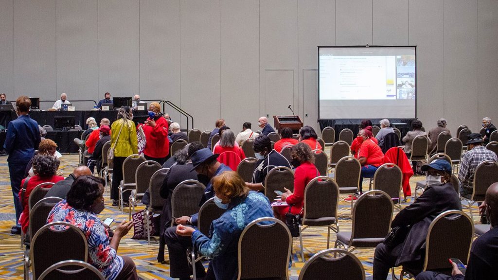 Members of the public voice concerns during a Michigan Independent Citizens Redistricting Commission's public hearing at TCF Center in Detroit, Oct. 20, 2021.