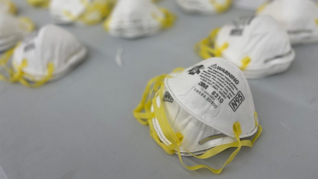 N95 face masks lined up on a table