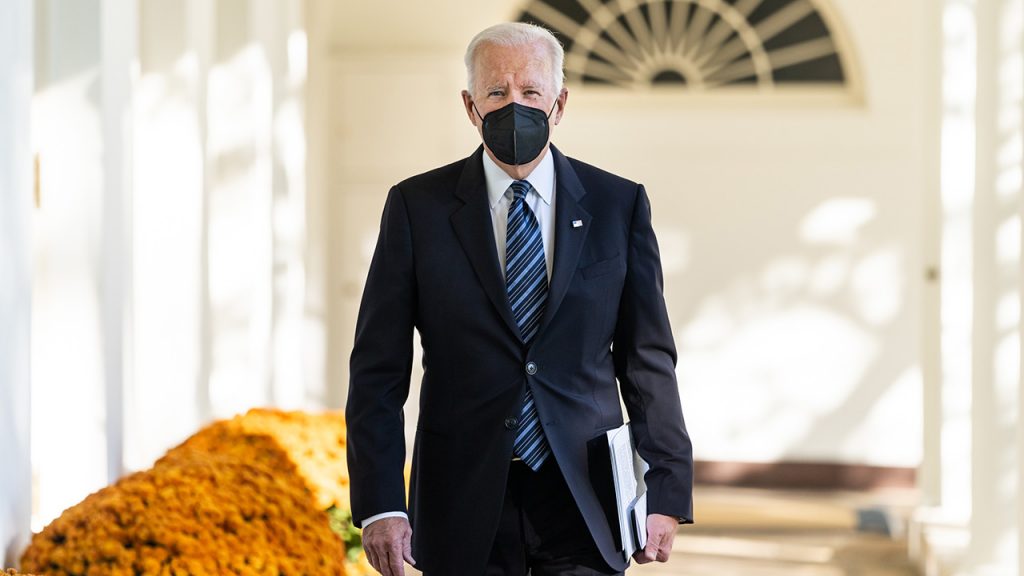 President Joe Biden walks along the West Colonnade, Friday, November 5, 2021