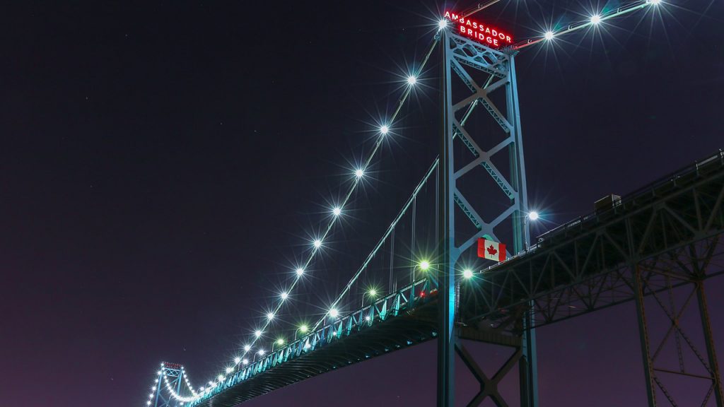 A view of the Ambassador Bridge at night