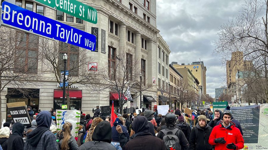 Residents protest the fatal police shooting of 26-year-old Grand Rapids resident Patrick Lyoya, April 16, 2022, in Grand Rapids.