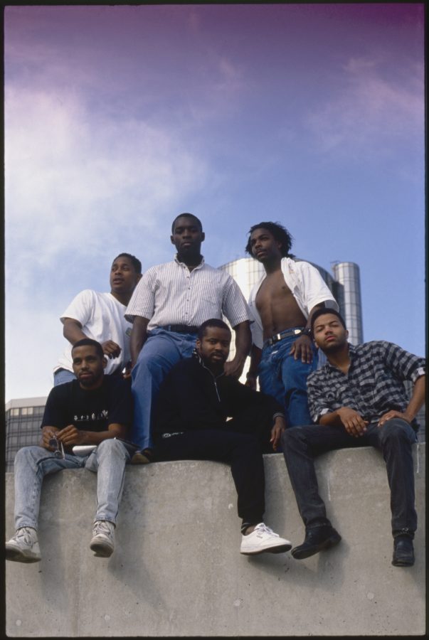 Derrick May, Kevin Saunderson, Blake Baxter, Eddie Fowlkes, Juan Atkins and Santonio Echols sit on a roof