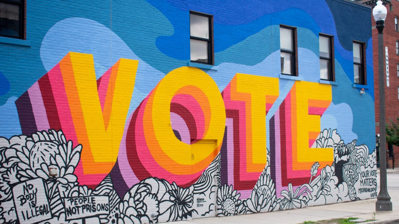 A wall with a vote mural in Detroit.