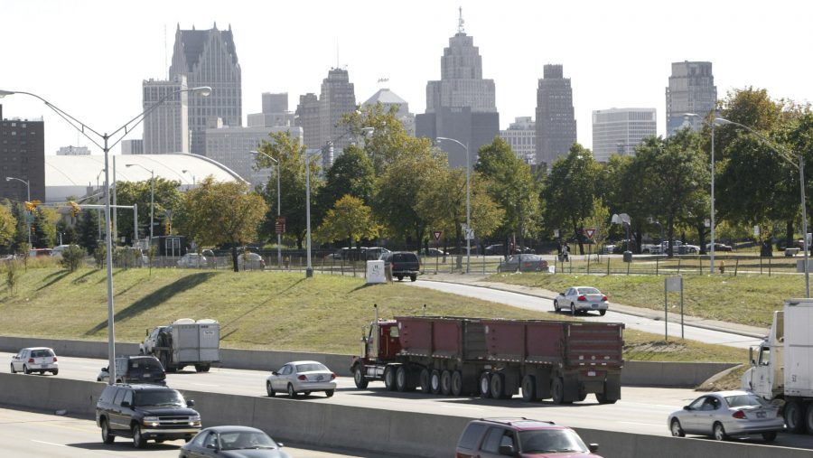 FILE- Traffic flows along Interstate 375 near downtown Detroit.