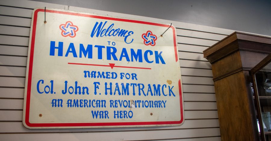 A sign welcoming guests to Hamtramck sits in the Hamtramck Historical Museum on Wednesday, July 6, 2022.