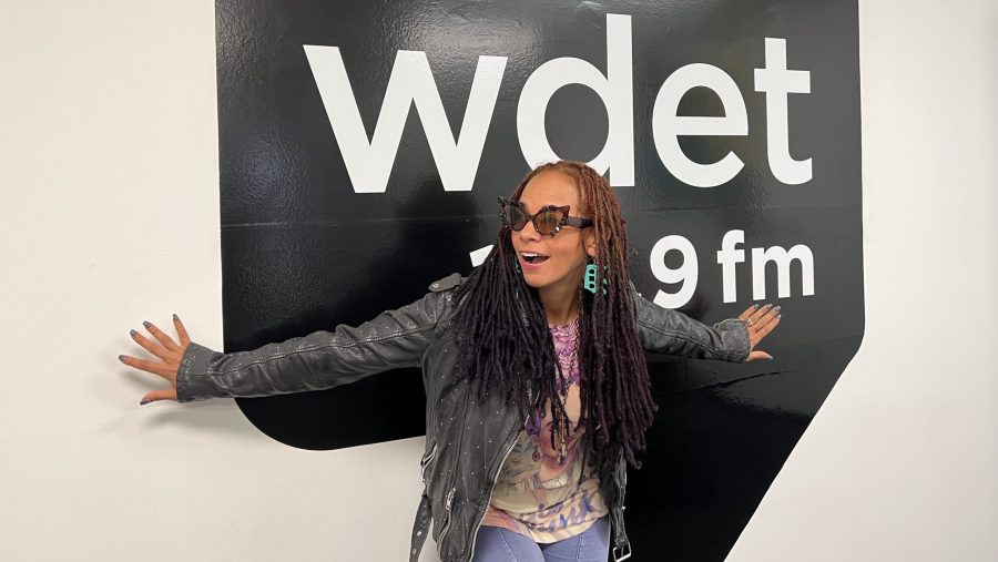 jessica Care moore poses in the WDET studios in October 2022.