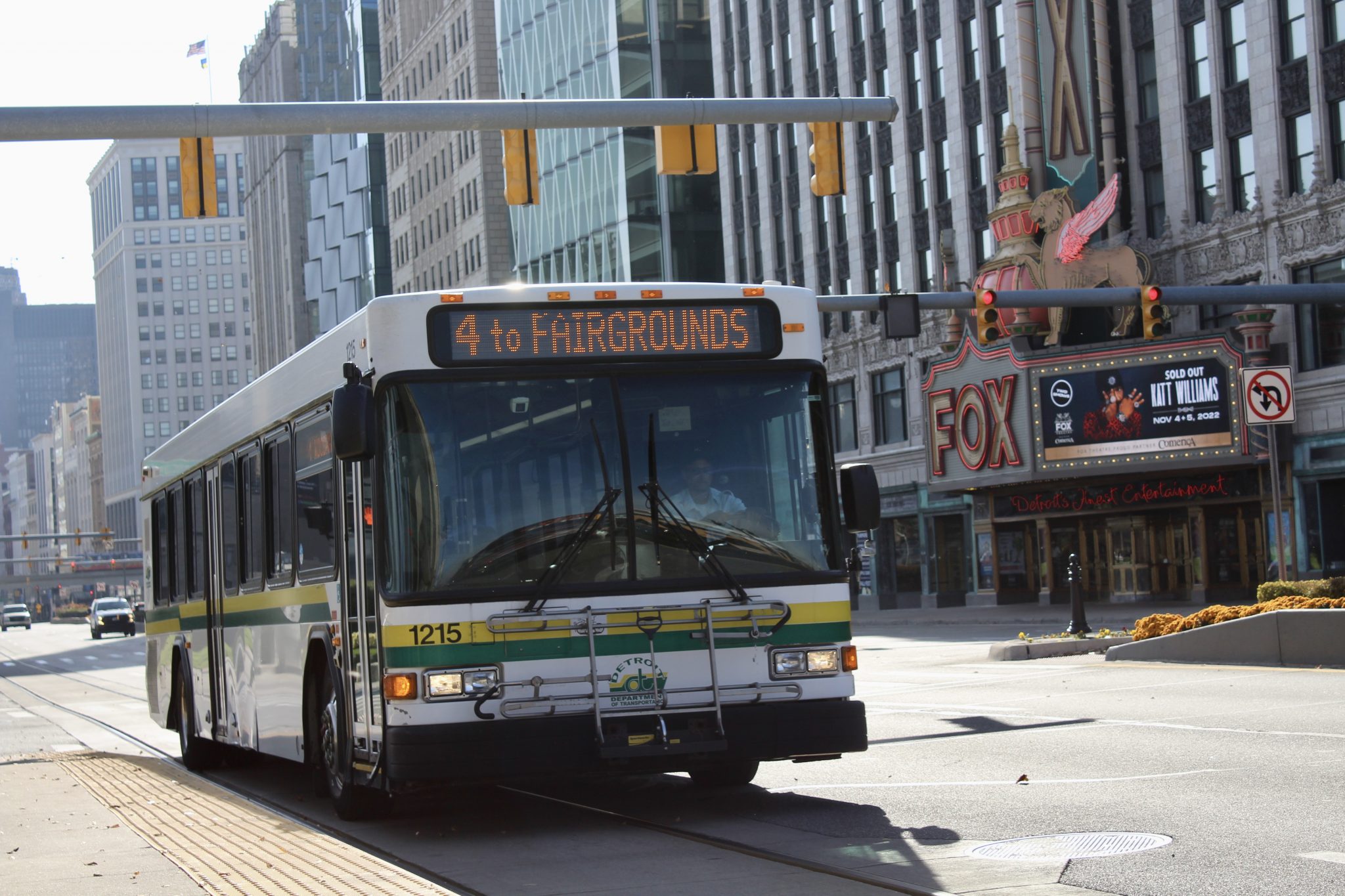 DDOT bus travels northbound along Woodward Avenue on Friday, Nov. 4, 2022, in downtown Detroit.