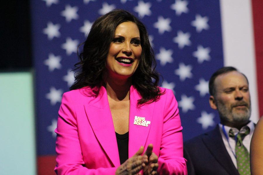 Gretchen Whitmer addresses supporters at an election night event.