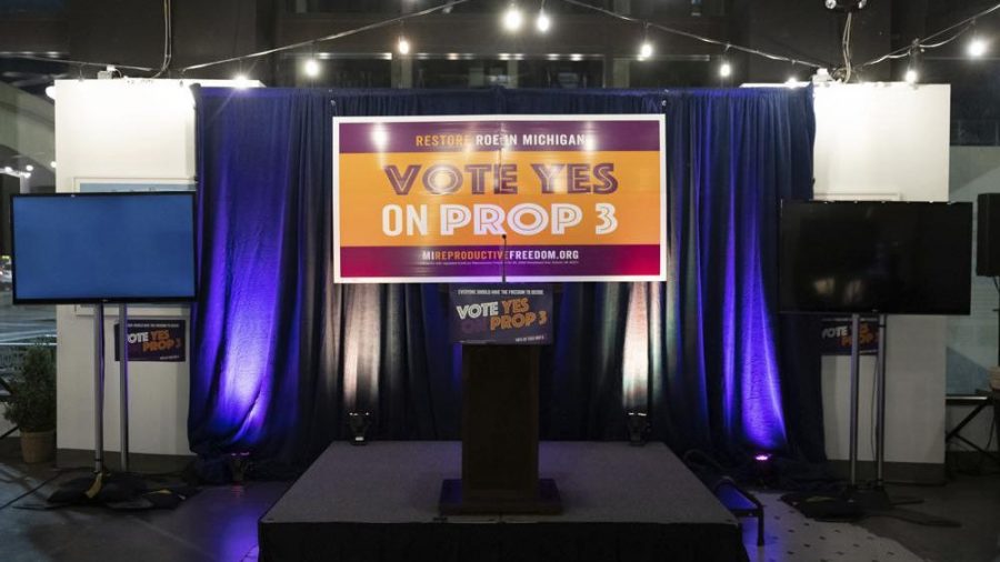 Decorations stand on display at a watch party for Michigan Proposal 3 at the David Whitney Building in Detroit on Election Day, Tuesday, Nov. 8, 2022.