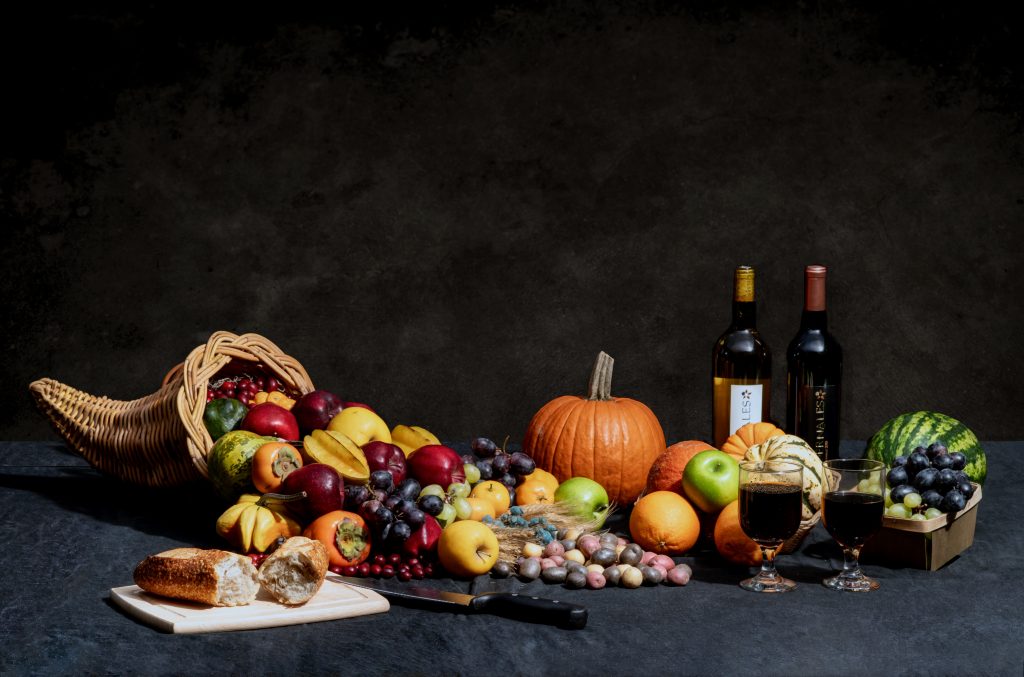 Vegetables and fruits laid out in a still life, a cornucopia (horn of plenty)