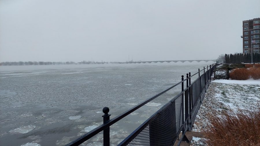 The Detroit River starting to freeze over.