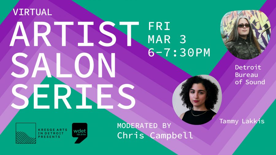 green and purple graphic promoting Kresge's Virtual Artist Salon Series with Detroit Bureau of Sound and Tammy Lakkis