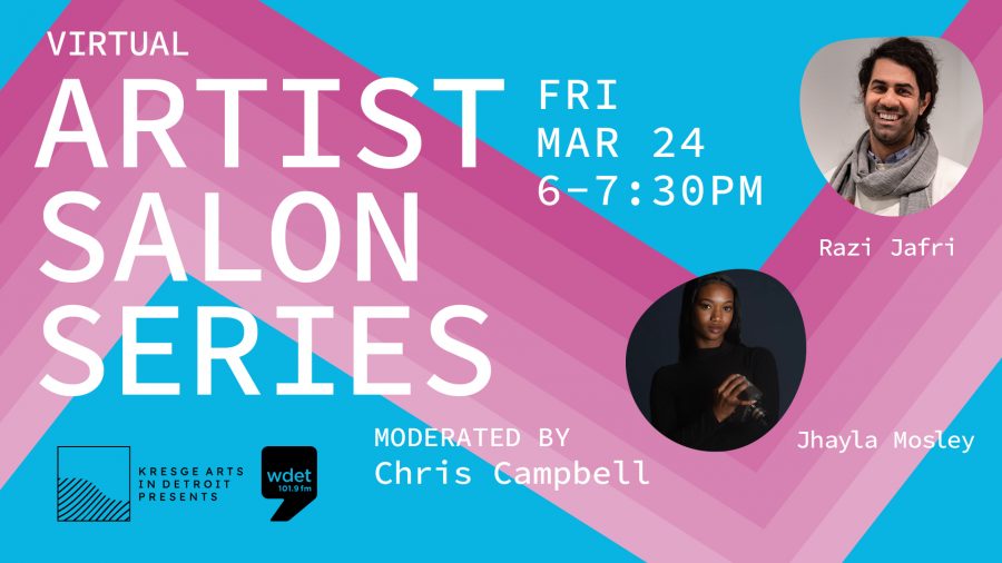 blue and pink graphic promoting Kresge's Virtual Artist Salon Series with Razi Jafri and Jhayla Mosley.