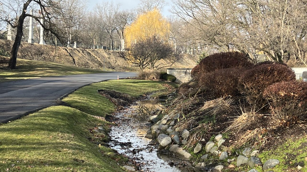 a creek runs through a grassy area with a paved sidewalk to the left and rocks to the right