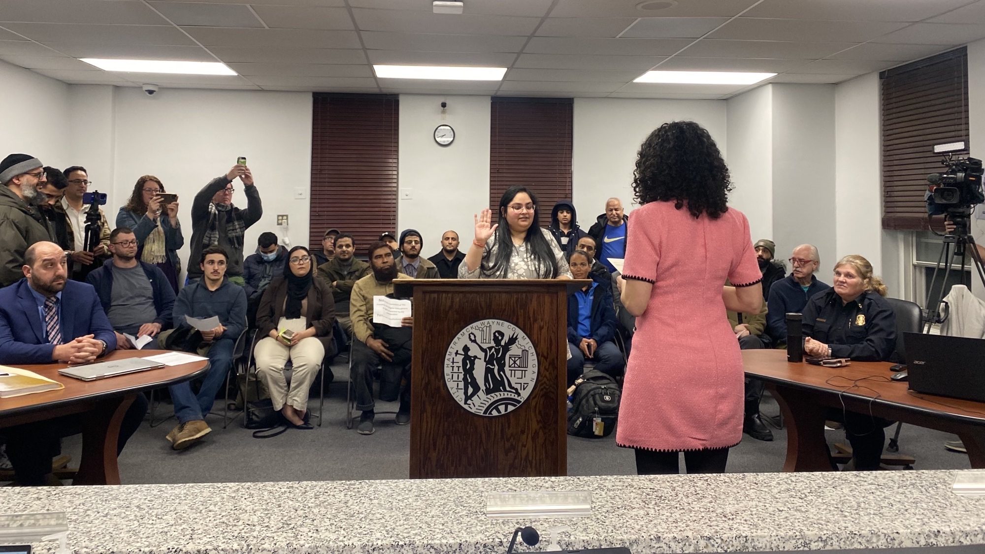 Jetshri Bhaviya getting sworn in by Rana Faraj at Hamtramck City Council meeting on Jan. 10, 2023.