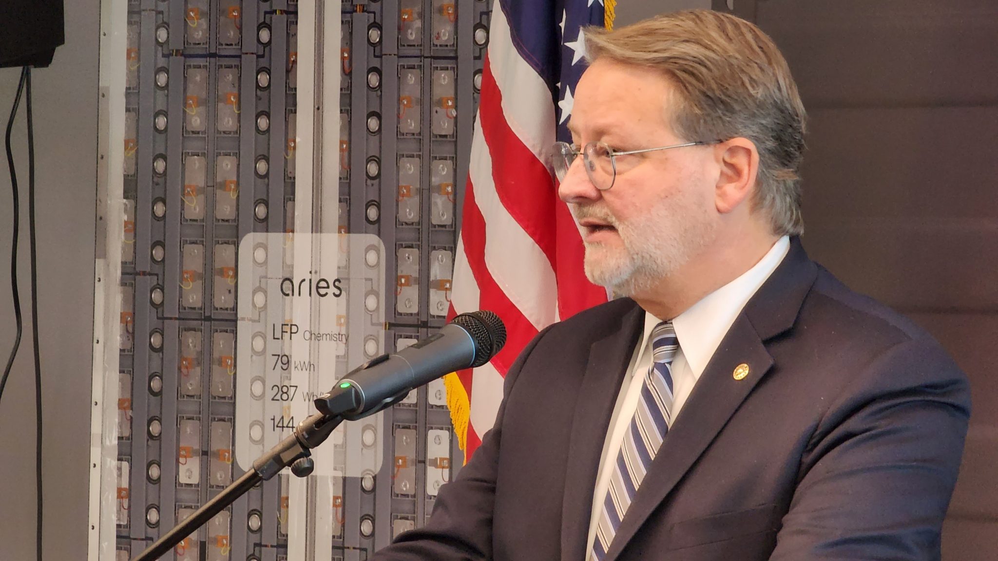 U.S. Senator Gary Peters speaks at an EV battery plant in Novi, Mich.