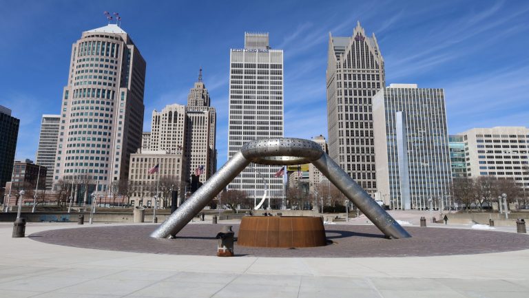 The Detroit skyline from Hart Plaza.