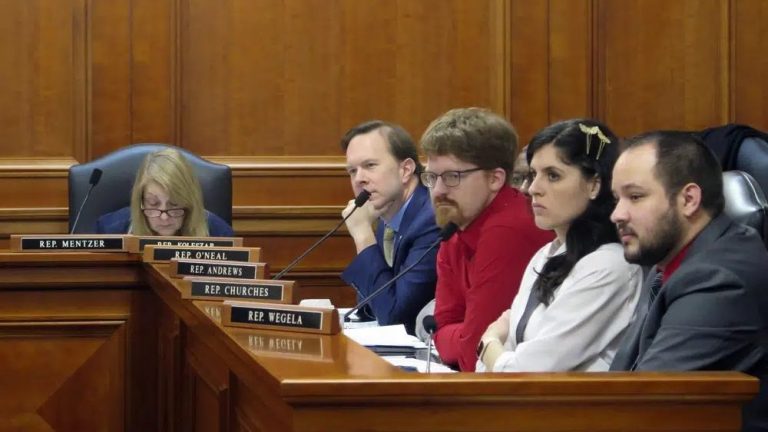 Democratic state Reps., from left, Denise Mentzer, Matt Koleszar, Joey Andrews, Jaime Churches and Dylan Wegela, listen as testimony is given during a House Labor Committee meeting, Wednesday, March 8 , 2023, in Lansing, Mich., on repealing the state's right-to-work law and restoring prevailing wages.
