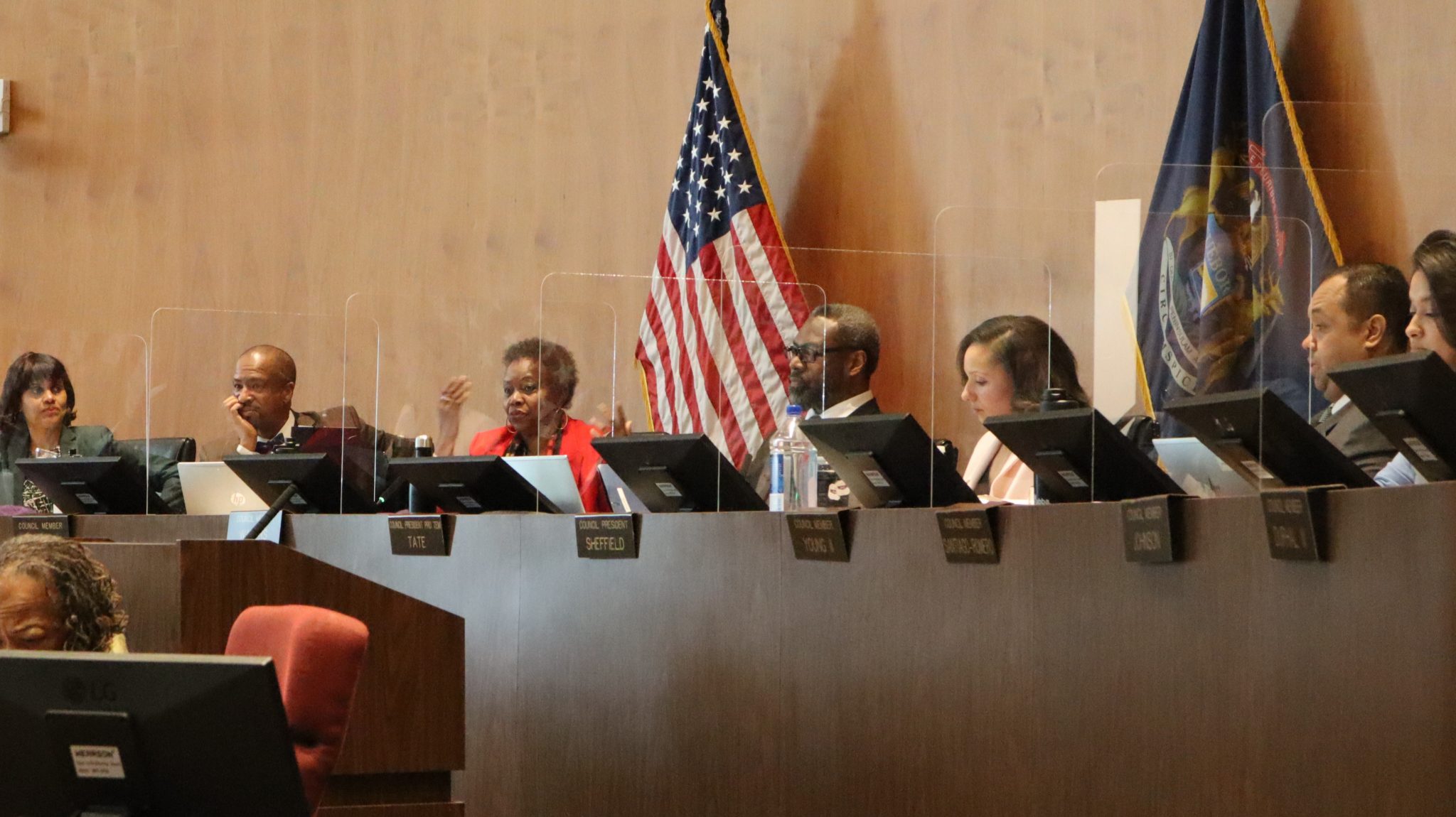 Detroit City Council members listen to public comments during a session on March 28, 2023 in Detroit, Mich.