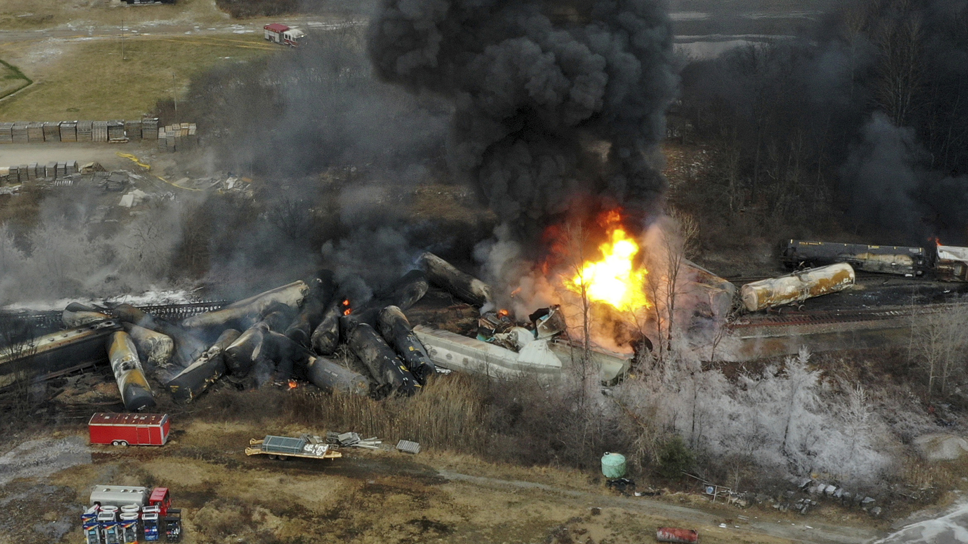 This photo taken with a drone shows portions of a Norfolk and Southern freight train that derailed Friday night in East Palestine, Ohio are still on fire at mid-day Saturday, Feb. 4, 2023.