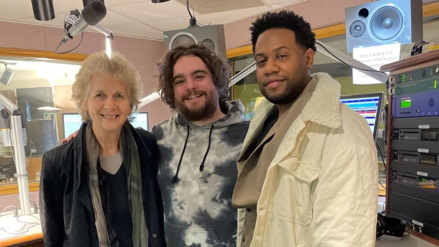 Dame Jane Glover, Ryan Patrick Hooper and Key'mon Murrah smile in WDET's main control room