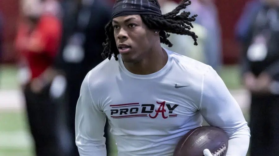 Former Alabama running back Jahmyr Gibbs works in position drills at Alabama's NFL pro day, Thursday, March 23, 2023, in Tuscaloosa, Ala. The NFL Draft begins Thursday, April 27 in Kansas City, Mo. (AP Photo/Vasha Hunt, File)