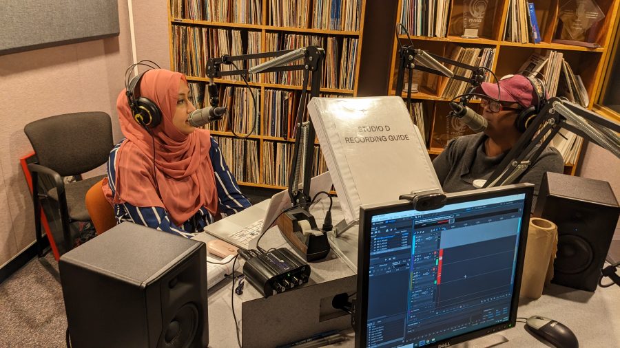 Nargis Rahman and Sascha Raiyn record in the studio at WDET.