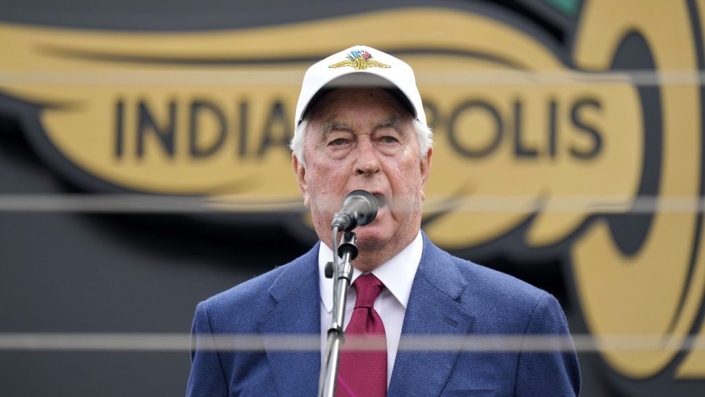 Indianapolis Motor Speedway owner Roger Penske delivers the command "ladies and gentlemen start your engines" before the start of the Indianapolis 500 auto race at Indianapolis Motor Speedway in Indianapolis, Sunday, May 28, 2023.