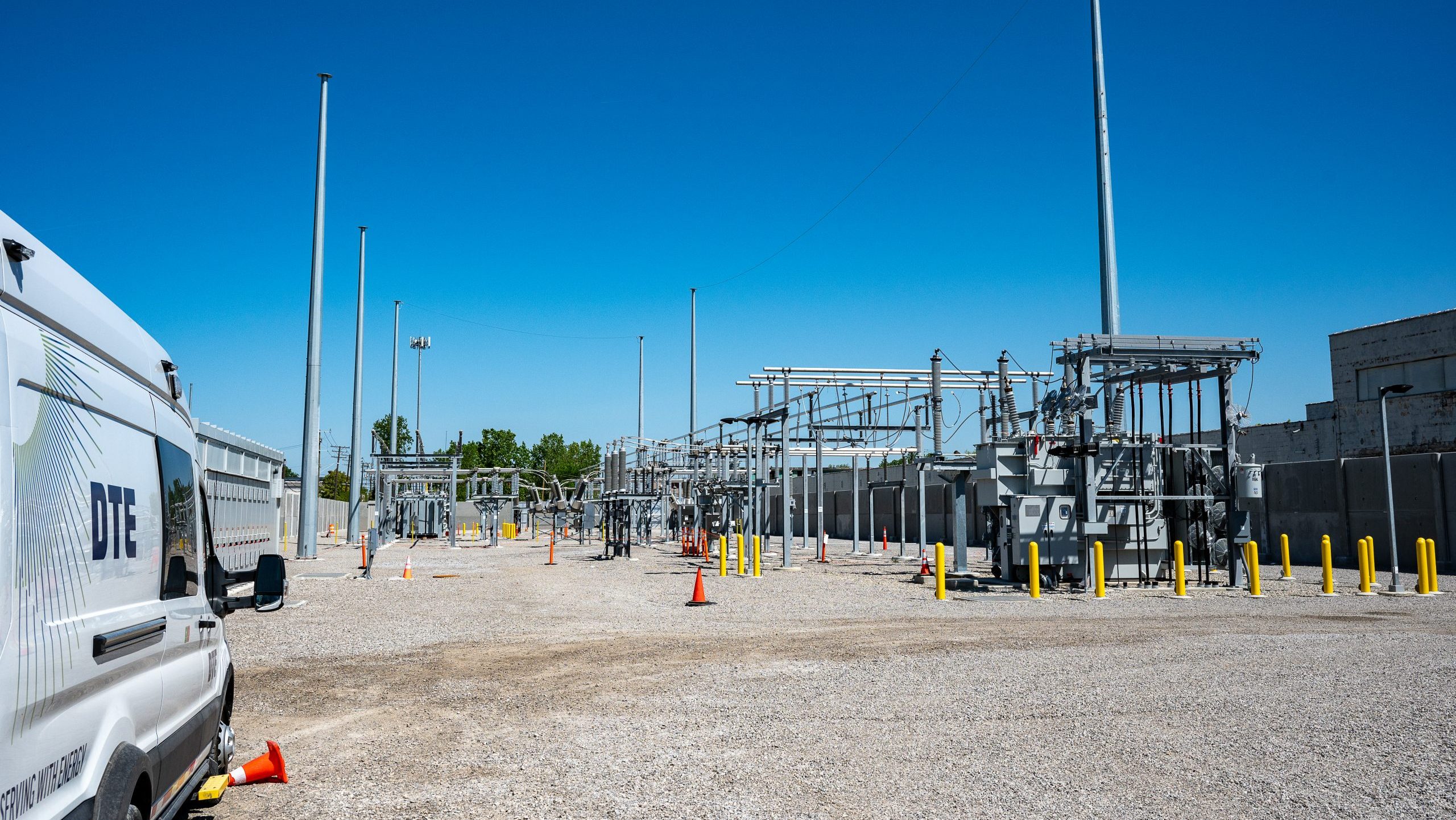 Equipment at the new DTE Energy substation in Detroit's Islandview neighborhood. The tall poles are for lightning mitigation.