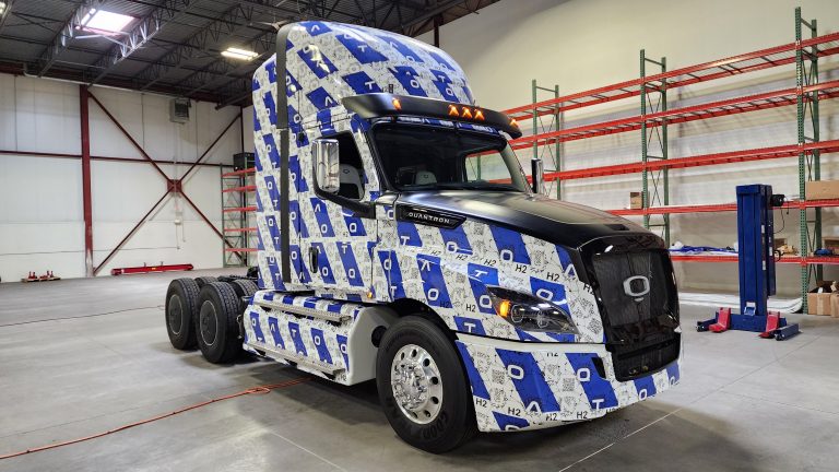 A hydrogen semi-truck sitting inside Quantron's Auburn Hills, Mich facility.