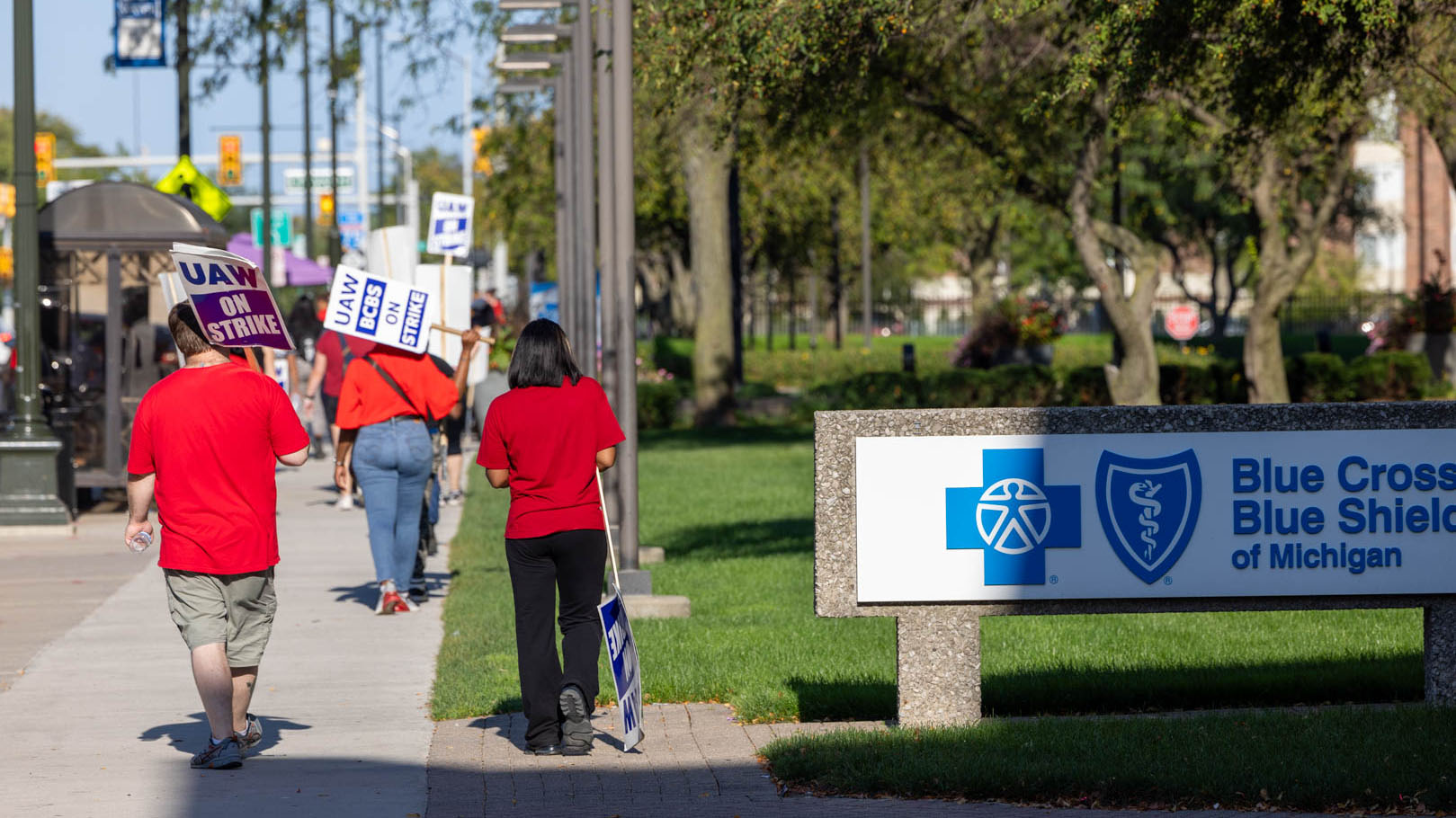 UAW workers picket Blue Cross Blue Shield of Michigan on Oct. 2, 2023 in Detroit.