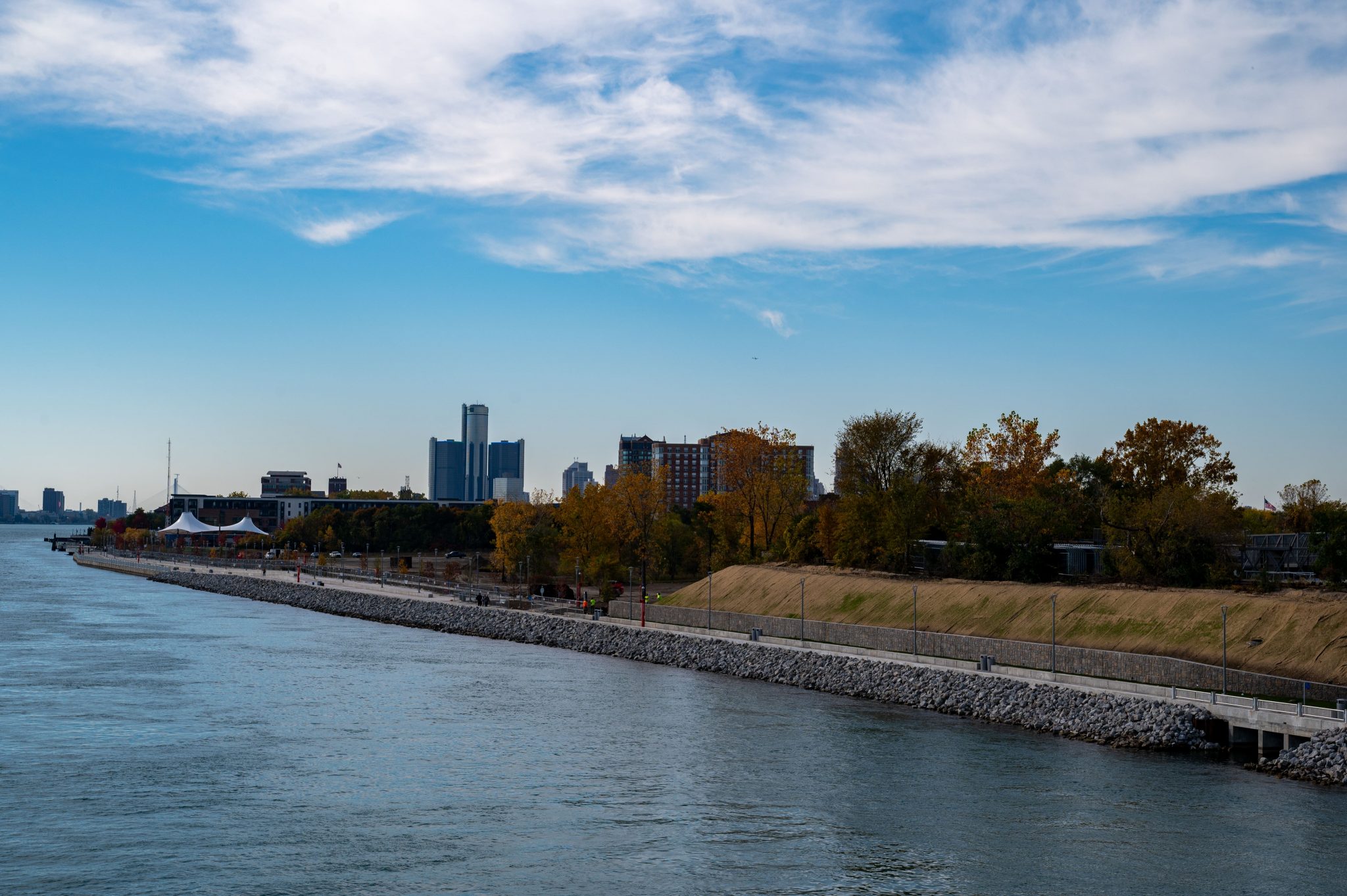 View of the Detroit Riverfront on a clear day