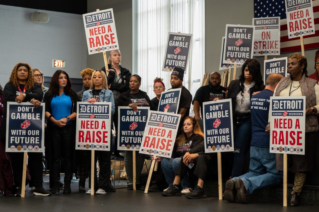 Unionized casino workers rally ahead of a possible strike on Oct. 12, 2023.