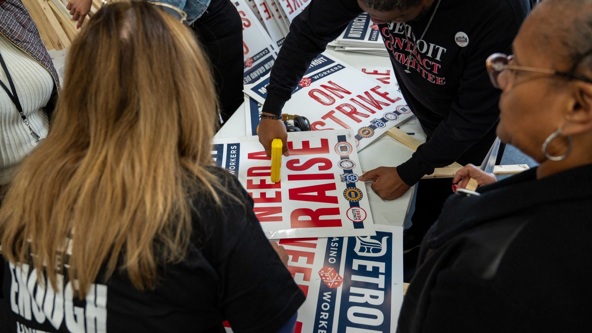 Unionized casino workers rally ahead of a possible strike on Oct. 12, 2023.