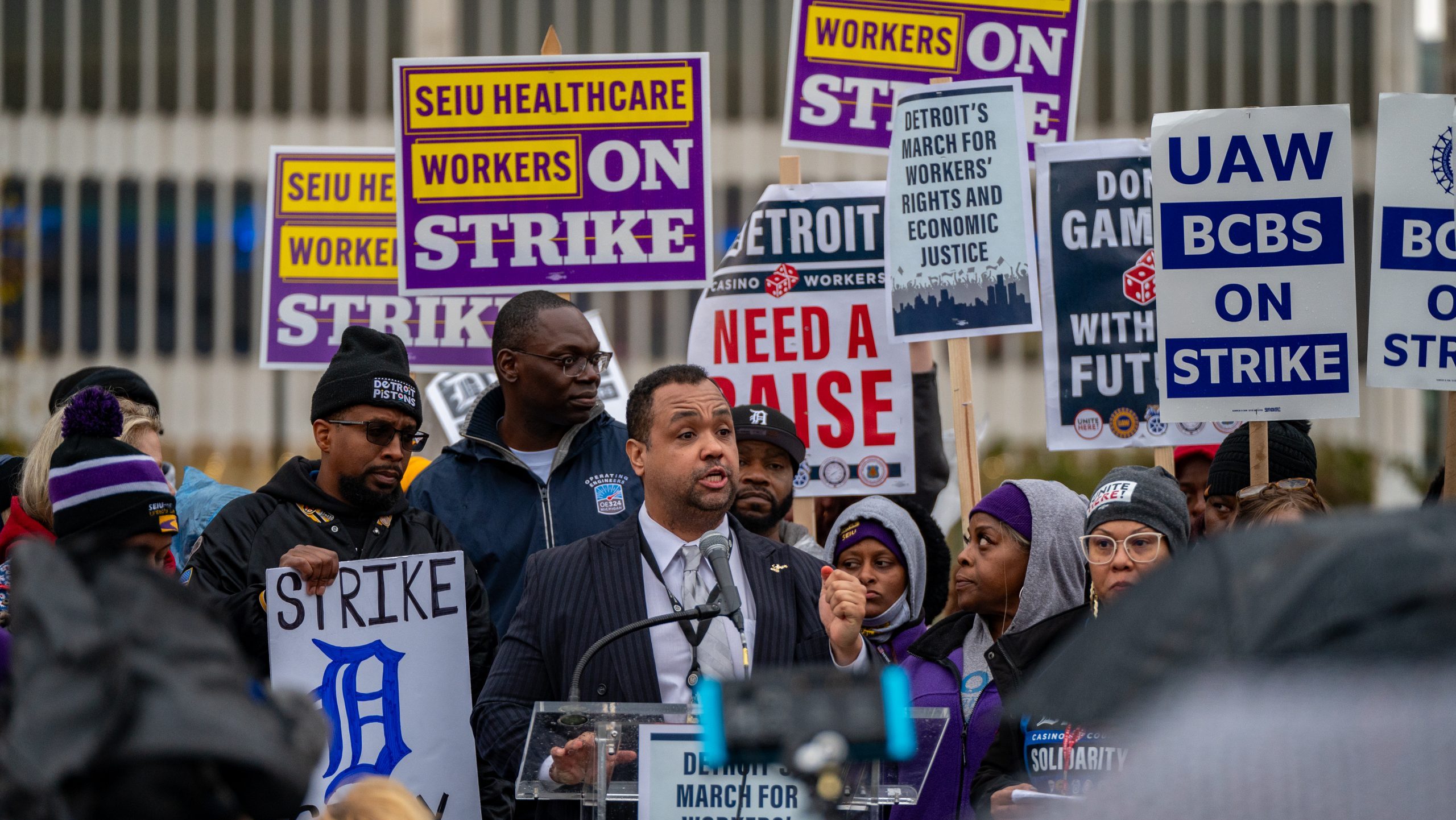 Detroit City Councilman Coleman Young II speaks at a rally for striking union workers in Detroit on Oct. 19, 2023.