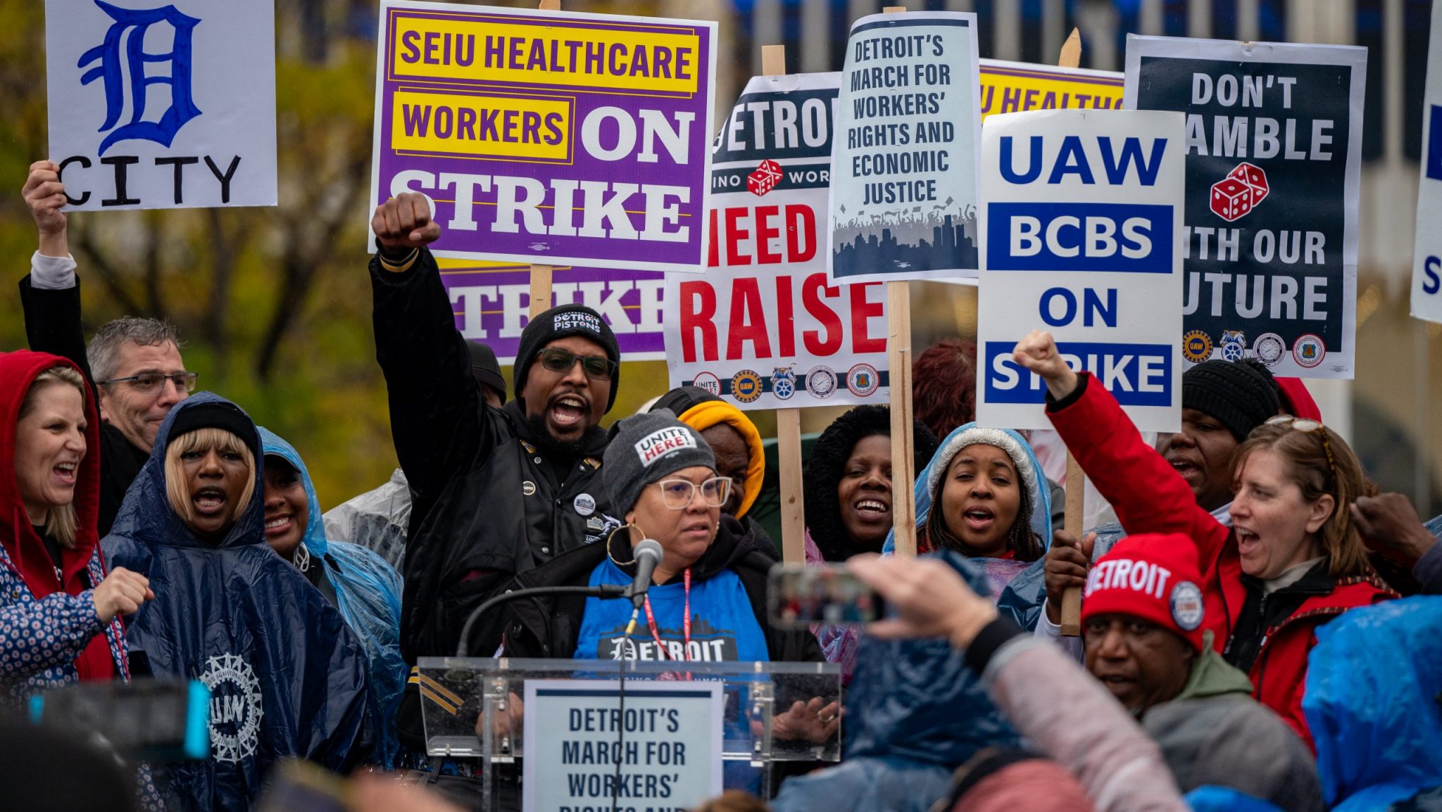 President of UNITE HERE Local 24, Nia Winston, speaks at a rally for striking union members in Detroit on Oct. 19, 2023.