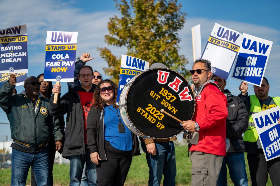 United Auto Workers picket outside the Stellantis Sterling Heights Assembly plant, Oct. 23, 2023.