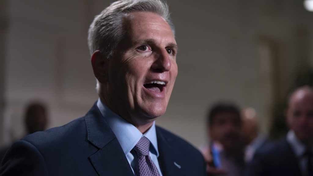 Speaker of the House Kevin McCarthy, R-Calif., talks to reporters after a closed-door meeting with Rep. Matt Gaetz, R-Fla., and other House Republicans after Gaetz filed a motion to oust McCarthy from his leadership role, at the Capitol in Washington, Tuesday, Oct. 3, 2023.